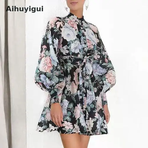 Aihuyigui осень зима на пуговицах, со стоячим воротником фонарь рукав Высокое качество Женская подиумная Цветочная Печать Высокая талия тонкая линия Dr682