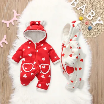 

Thicken Newborn rompers Infant Baby Girl Boy Heart Printed Ruffle Romper Jumpsuit Playsuit Outfits Long Sleeve Pocket costumes