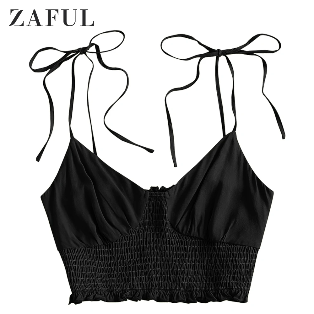 Короткий топ с завязками на плечах и бретельками от ZAFUL, однотонная короткая рубашка на шнуровке, женская укороченная майка с v-образным вырезом, сексуальные майки - Цвет: Black