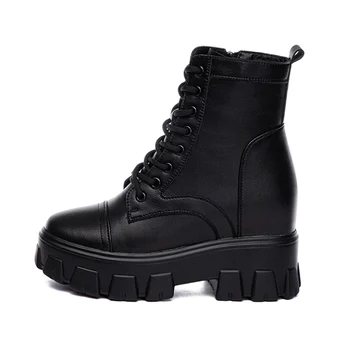 

Woman Lace Up Autumn Boots Womens Ladies Chunky Wedge Platform Black Genuine Leather Ankle Boots Punk Goth New Arrival 2020