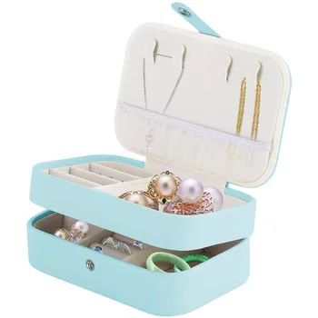 

Small Faux Leather Travel Box Organizer Display Storage Case 2 Zipper Layer for Rings Earrings Necklace Bracelets with Mirror