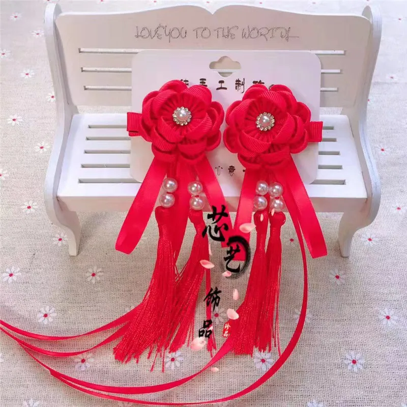 Красный 2 шт. Maru-tsuami Kanzashi цветок три слоя кисточки кисточка заколка для волос традиционный японский стиль кимоно аксессуар Гейша HW045 - Цвет: Красный