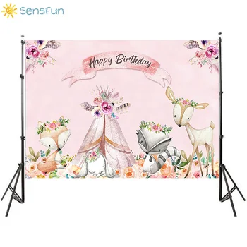 

Sensfun Pink Safari Background Animal Fox Girl Birthday Party Photo Backgrounds Cake Table Decoration Vinyl Banner Photocall