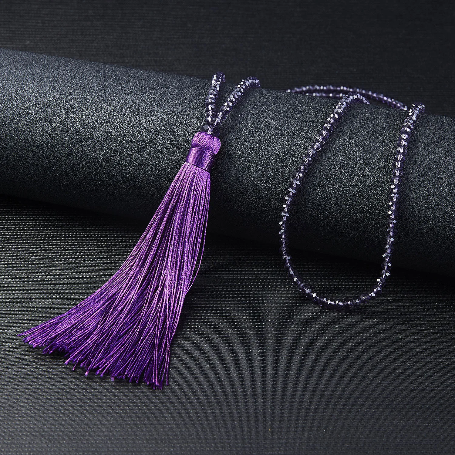 

New Design Women Silk Tassel Multicolor Fringed Crystal Sweater Chain Long Necklace with Beaded Chain Clothes Necklace Jewelry