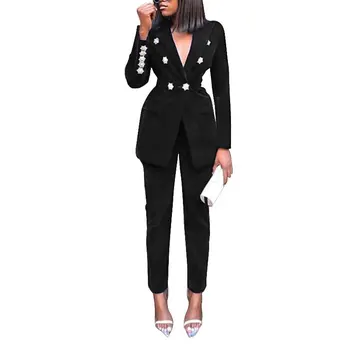 

2020 Spring Summer Sets for Women New Navy Blue V Neck Long Sleeve Sexy 2 Piece Set Outfits High Quality Two Piece Set Suit