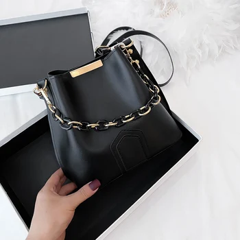 

Youth Ladies Simple Versatile Bag Women Solid PU Leather Crossbody Bag Female Bucket Purse Chain Shoulder Handbags