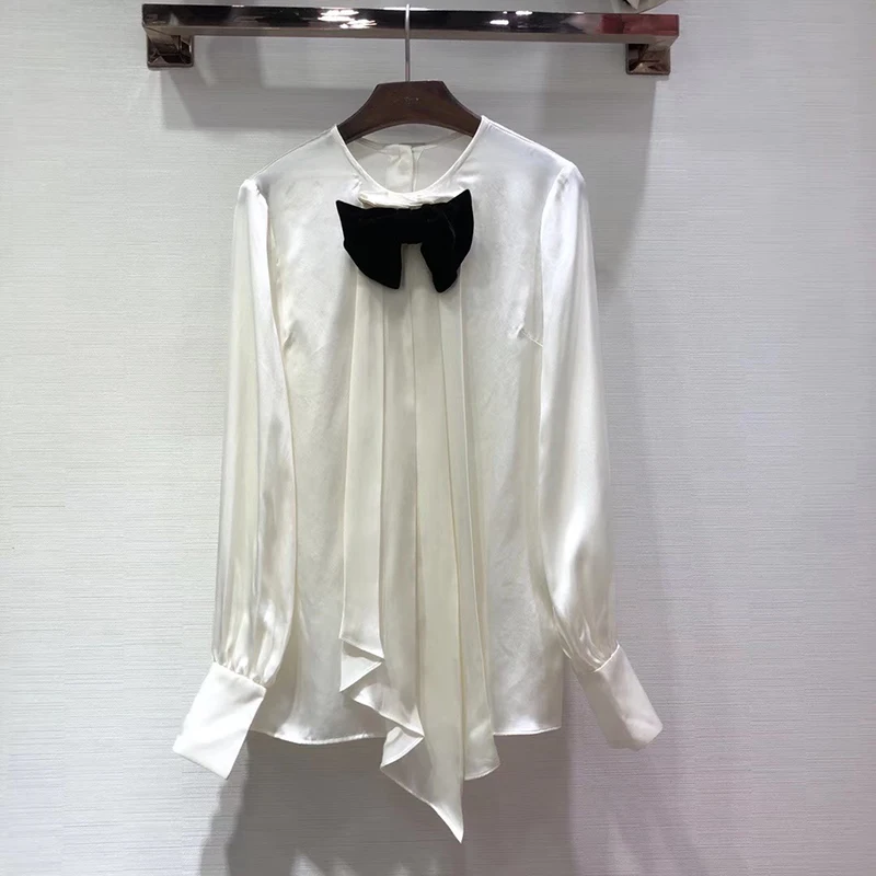 Блузка с бантом и оборками Женская белая рубашка с длинным рукавом женские топы на каждый день