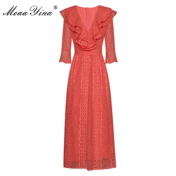 

MoaaYina Fashion Designer dress Spring Summer Women's Dress V-neck Ruffles Mesh Embroidery Elegant Dresses