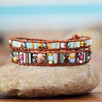 

Exclusive Leather Boho Wrap Bracelets W/ Stones Crystal Beads 2 Strands Cuff Bracelet Vitange Bangle Bracelet Dropshipping
