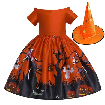 

Well Design Print Short Sleeves Organge Halloween Dress for 3-8 Years Girls in Stock Primera Comunion Decoracion