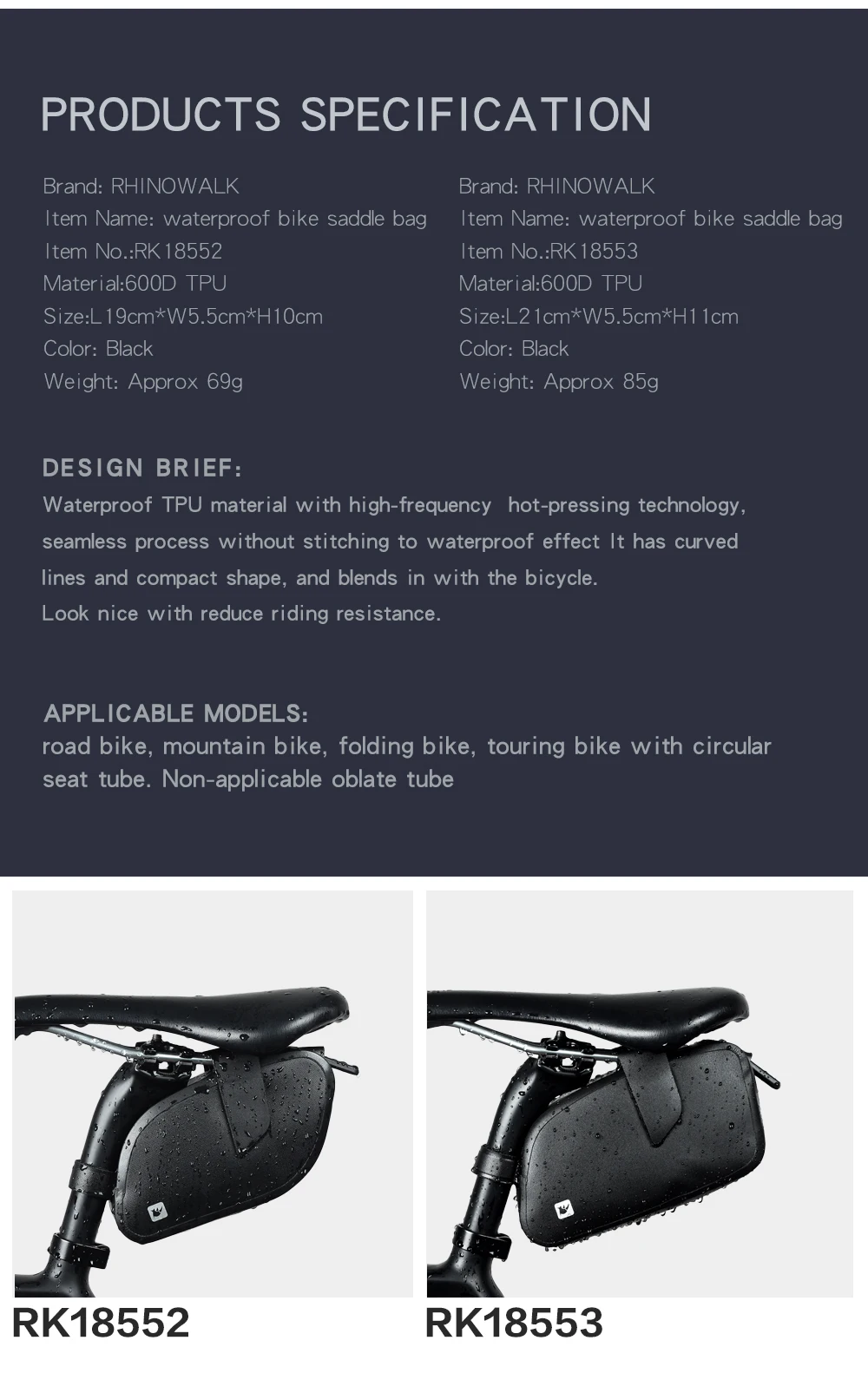 Rhinowalk Bicycle Saddle Bag Waterproof MTB Bike Rear Bag Bicycle Tools Inner Tube Storage Bag Cycling Rear Seat Tail Large Bag  (6)