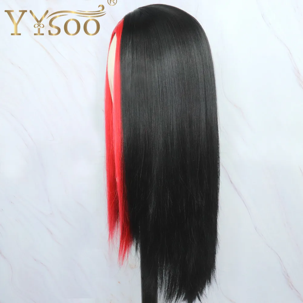 YYsoo Long Black Highlights Red Color Natural Straight Synthetic Wigs Cosplay Wigs for Women Girls Machine Made Replacement Wig