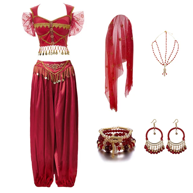 Festival Arabian Princess Costumes Indian Dance Embroider Bollywood Jasmine Costume Party Cosplay Jasmine Princess Fancy Outfit Red 1 - 6 pcs Set