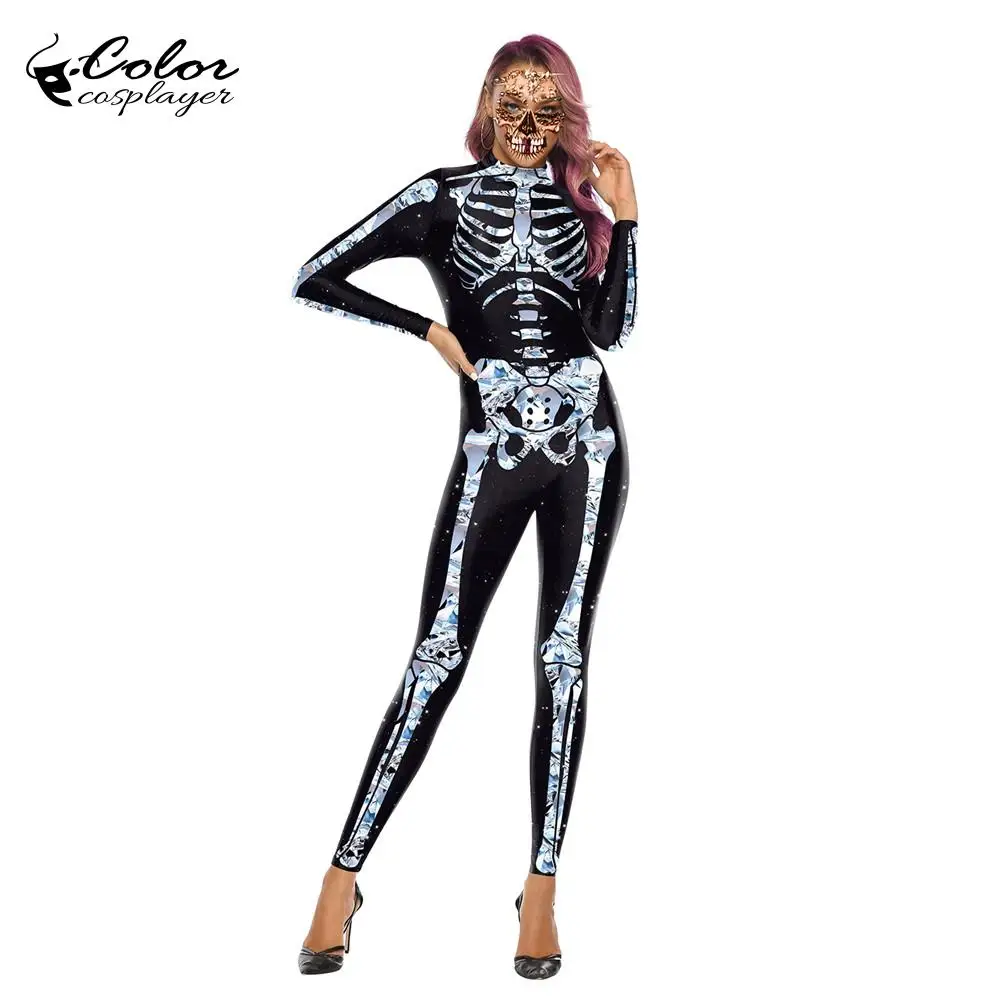

Color Cosplayer Halloween Jumpsuit Cosplay Costume Women Movie Skeleton Bodysuit Party Long Sleeve Purim Zentai Suit Catsuit