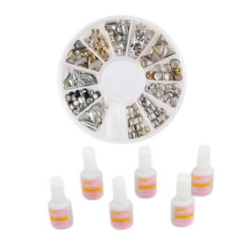 

6 x French Acrylic False Tips Glitters Nail Art Glue & 1x Professional Manicure 3D Nail Art Decorations Wheel with Gold and Silv