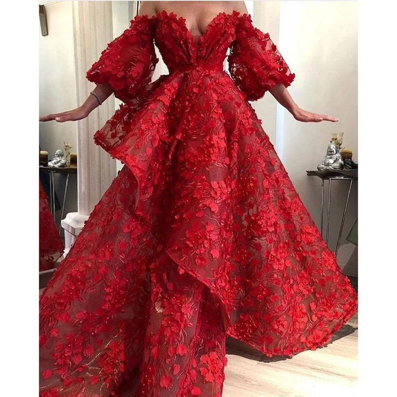 

Robe de soiree Red Lace Appliqued Unique Prom Formal Dresses Off Shoulder Short Sleeves Chic Evening Party Dress Dubai Arabic