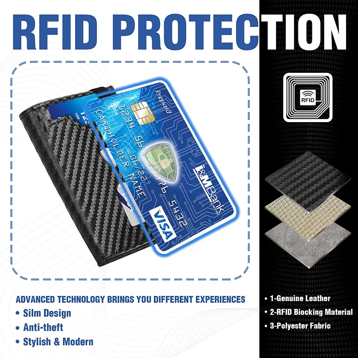 Mini Small Card Holder Wallets Men Slim Carbon Leather Purse RFID Card Case Zip Coin Compartment Black