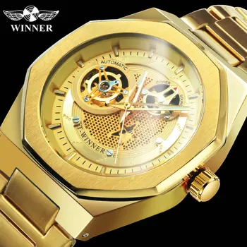 

WINNER Hio Hop Golden Automatic Watch Men Full Stainless Steel Strap Skeleton Mechanical Watches for Men Fashion Punk Wristwatch