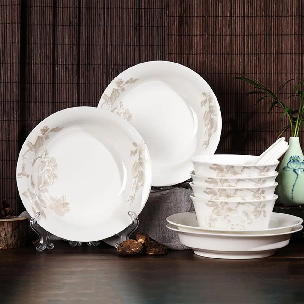 12Pcs/Set Ceramic Tableware Elegant Flower Bowl Plate Spoon Dish Dinnerware Set