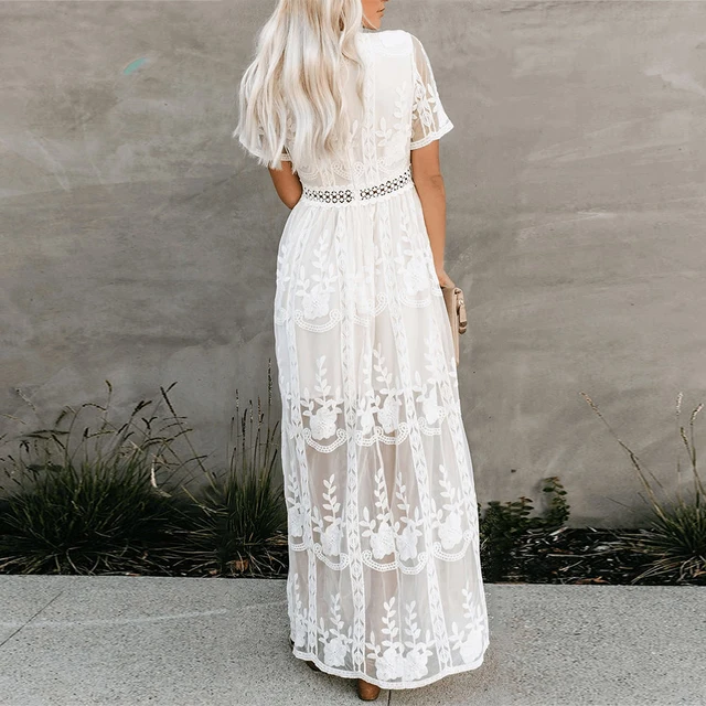 Jastie 2021 Summer Boho Women Maxi Dress Loose Embroidery White Lace long Tunic Beach Dress Vacation Holiday Women Clothing 2