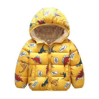 

Toddler Dinosaur Print Cotton Hooded Jacket Winter Baby Boy Velvet Inner Coat Kids 12M-6T Cartoon Warm Proofwater Outerwear