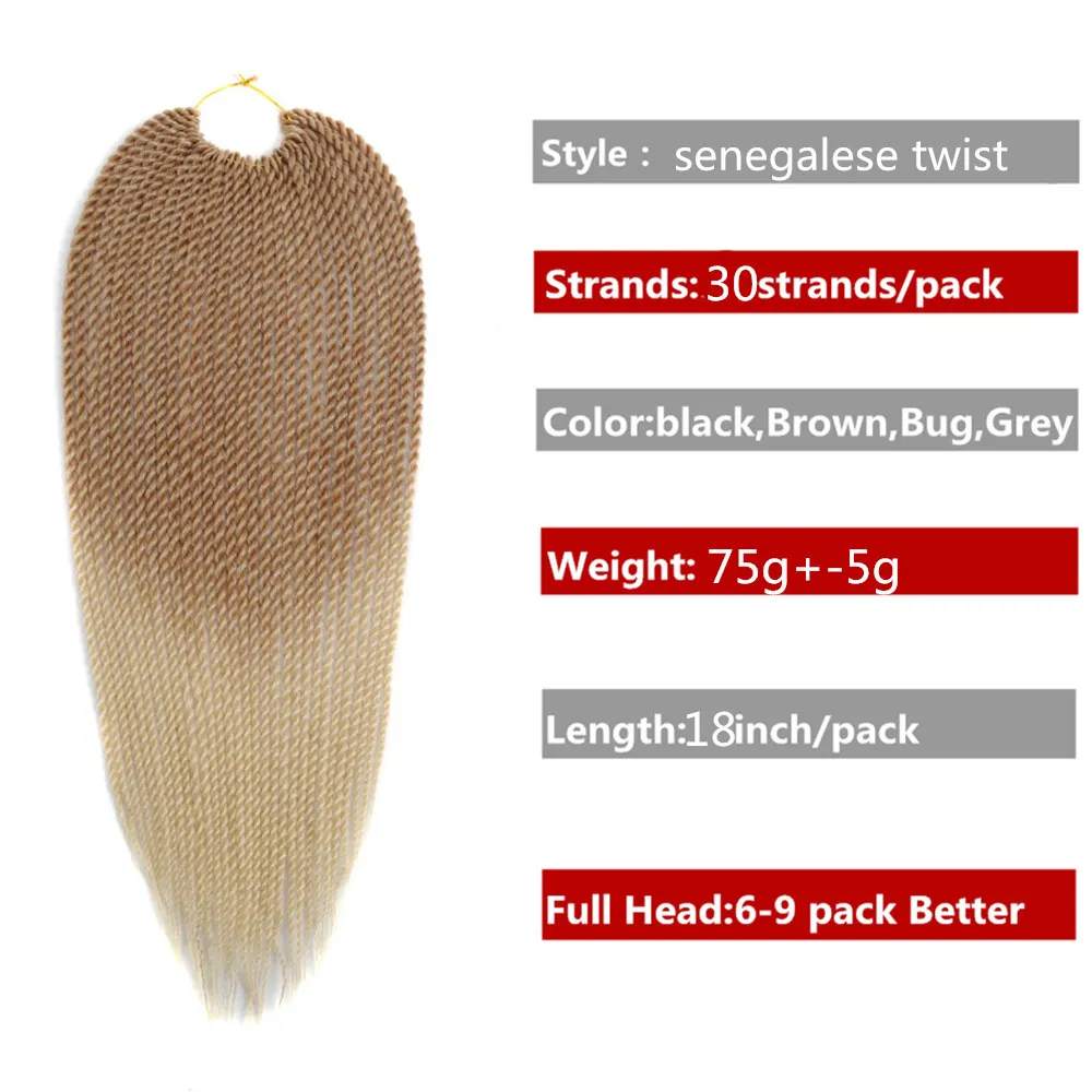 Full Star 30Roots/Pack 14" 18" Senegalese Twist Synthetic Hair 1 Packs Ombre Brown Black Bug Crochet Braids for women