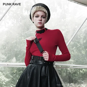 

PUNK RAVE Girl's Sashes High Neck Long Sleeved Heart Embroidered T-shirts Black Red Women Sexy Tight Tops Tees