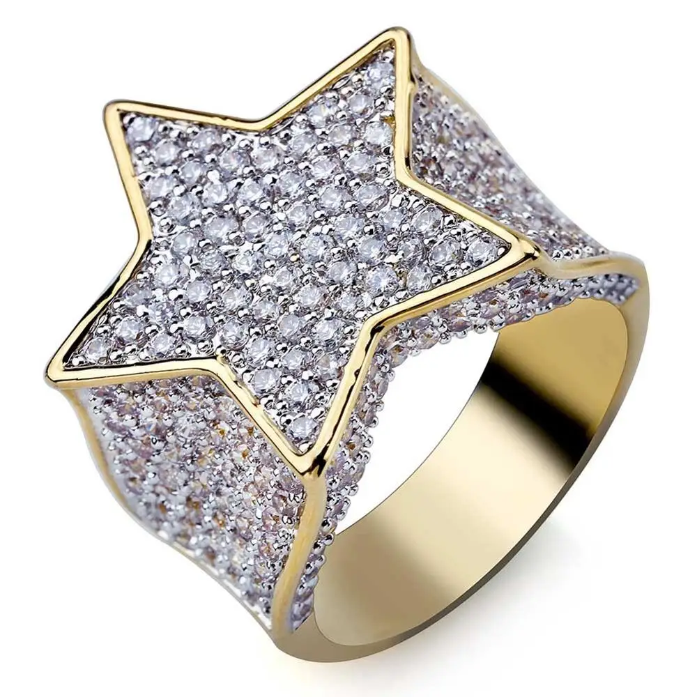 

Hip Hop New Custom Gold Color Plated Star Ring All Iced Out CZ Stone Rings Charm For Bling Jewelry