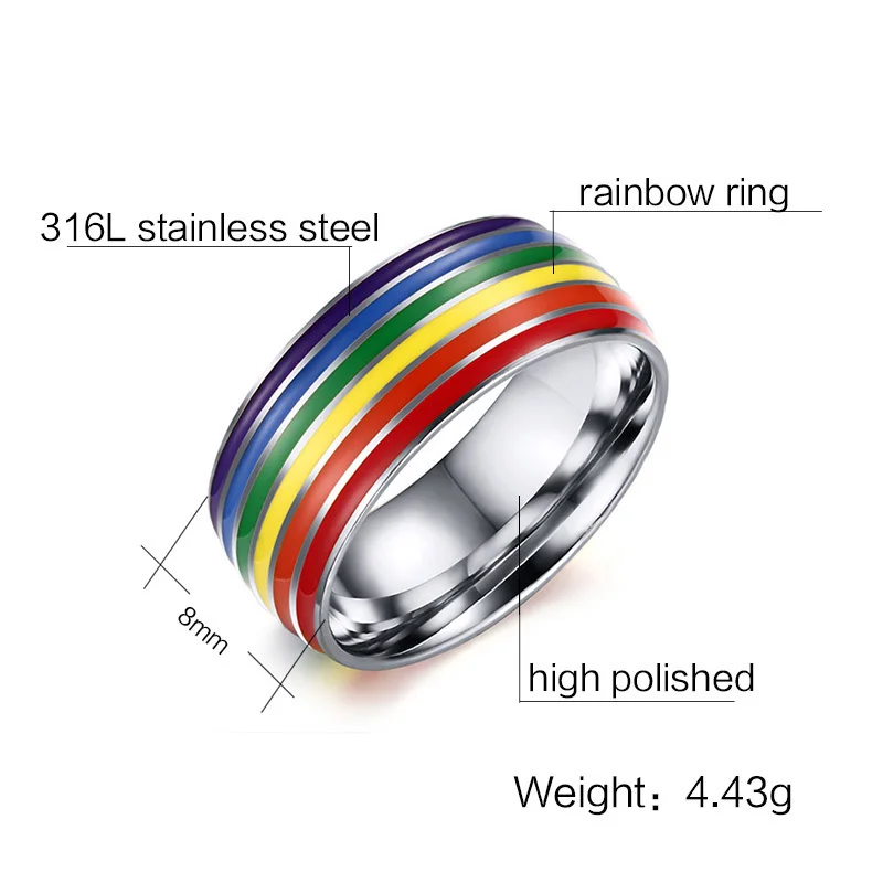 8mm Rainbow Stripe Pride Stainless Steel Ring Lesbian Ring For 