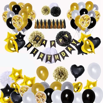 

90 Pcs Black and Gold Balloons Decoration Kit, Happy Birthday Banner Star Heart Foil Balloons for Birthday Party