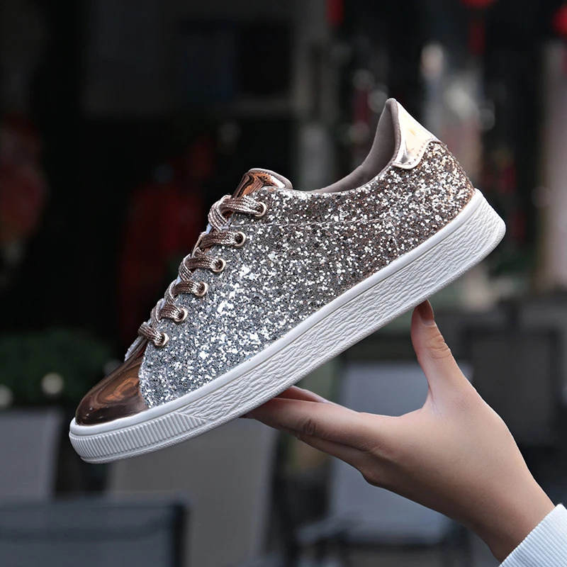 Zapatillas de deporte planas informales para mujer, zapatos de tenis informales brillantes y parpadeantes, con cordones y purpurina dorada, de talla vulcanizados de mujer| - AliExpress