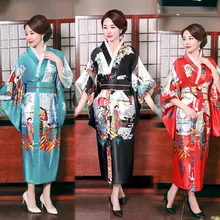 Lange Stil Halbe Hülse Japanischen Satin Yukata Kleid Nachtwäsche Oriental Kimono Haori Chinesischen Qipao Nachthemd Robe