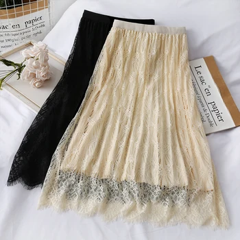 

Very fairy hollow out hook flower wavy edge lace skirts female 2020 new show thin side wear pleated skirt of tall waist