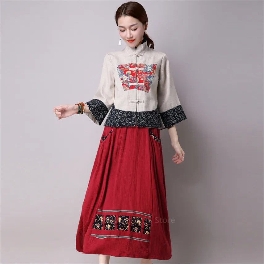 Китайский традиционный костюм для женщин, классический новогодний костюм с вышивкой в стиле Тан, Qipao Top Hanfu, льняные этнические винтажные вечерние костюмы для танцев