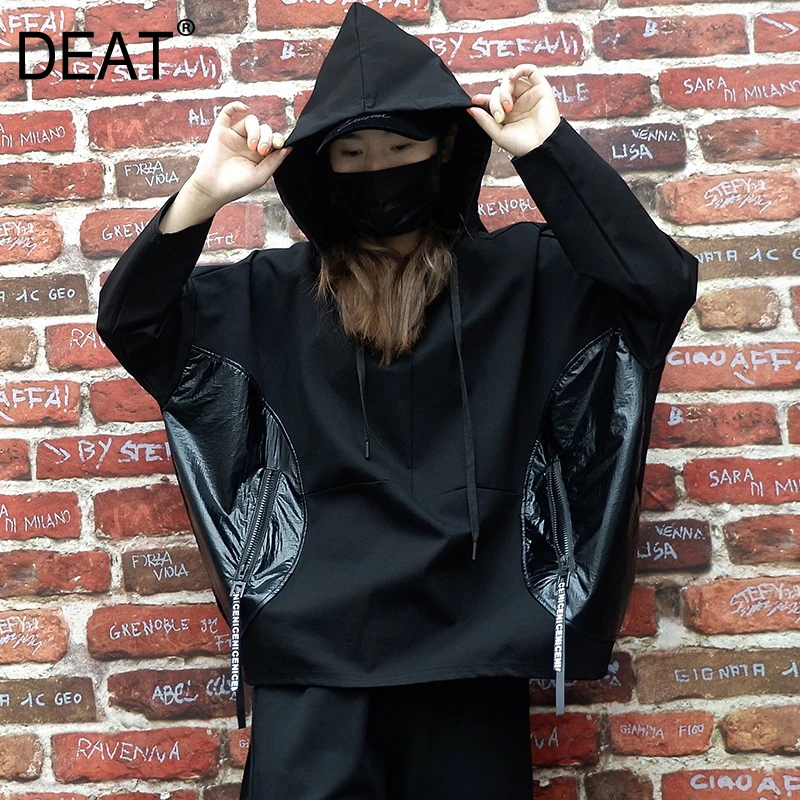 [DEAT] Loose Fit Spliced Pocket Sweatshirt New Hooded Long Batwing Sleeve Women Big Size Fashion Autumn Winter 19L-a108