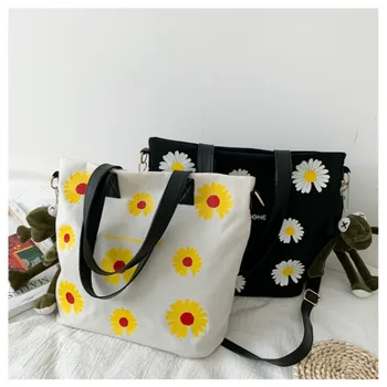 

Canvas Daisy Shopping Bags Women's Shoulder Bags Casual Handbags For Female 2020 Cloth Tote Large Capacity Foldable Bucket Bags