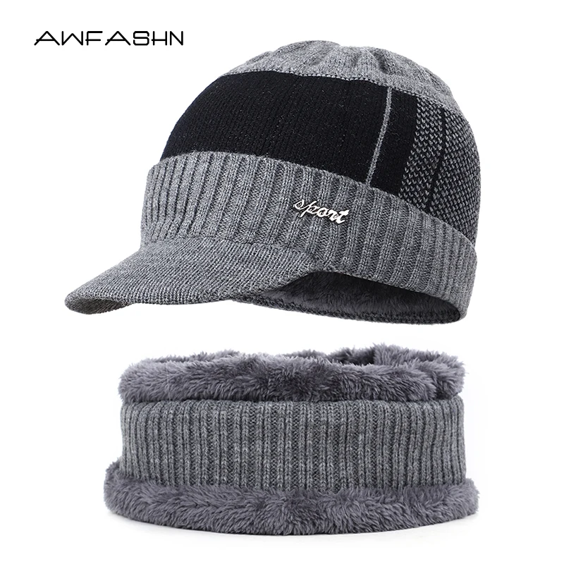 

2019 New High Quality Winter Knit Beanie Scarf 2 Pieces Set Thick Lining Plus Velvet Men's Visor Hat Warm Dad Cap Soft Balaclava