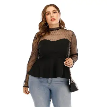 

4xl Plus Size Sexy Mesh Tops Blouse Mesh Sleeve Perspective Slim Waist Blouse Fashion Women Shirt Tops #20
