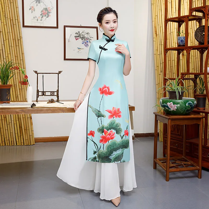 

Ao Dai Women Long Cheongsam Party Dress Mandarin Collar Chinese Style Qipao Wedding Banquet Bride Gown Vestido S-5XL