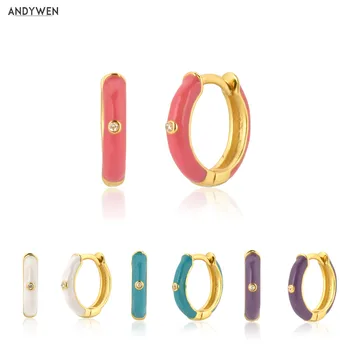 

Andywen 925 Sterling Silver Rose Red Ename Hoops 5 Colors Women Piercing Pendientes Ohrringe Earring Fine Jewelry Crystal Cz