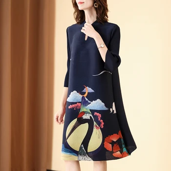 

Plus Size Dress Vintage Spring Summer Women Loose Printed Round Neck 3/4 sleeve Retro cheongsam improved dress For Women 45-75kg