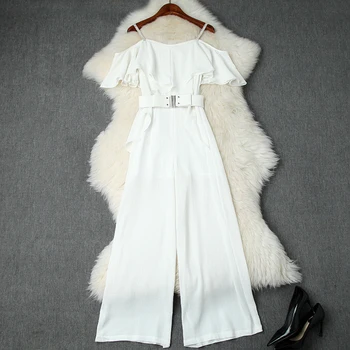 

HIGH QUALITY Newest Fashion Runway 2020 Designer Jumpsuit Women's Spaghetti Strap Ruffles Wide leg Jumpsuit