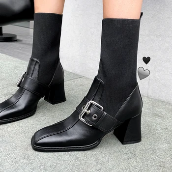

Vintage Genuine Leather Women's Ankle Boots square Toe Thick high Heels Pumps Autumn Working Party Shoes Woman