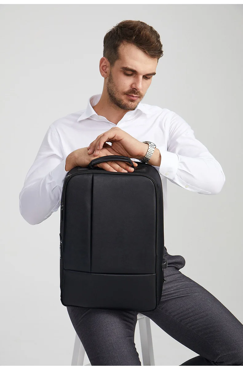 Large-capacity business solid color backpack male pu shoulder computer bag multi-function men's travel backpack leather backpack