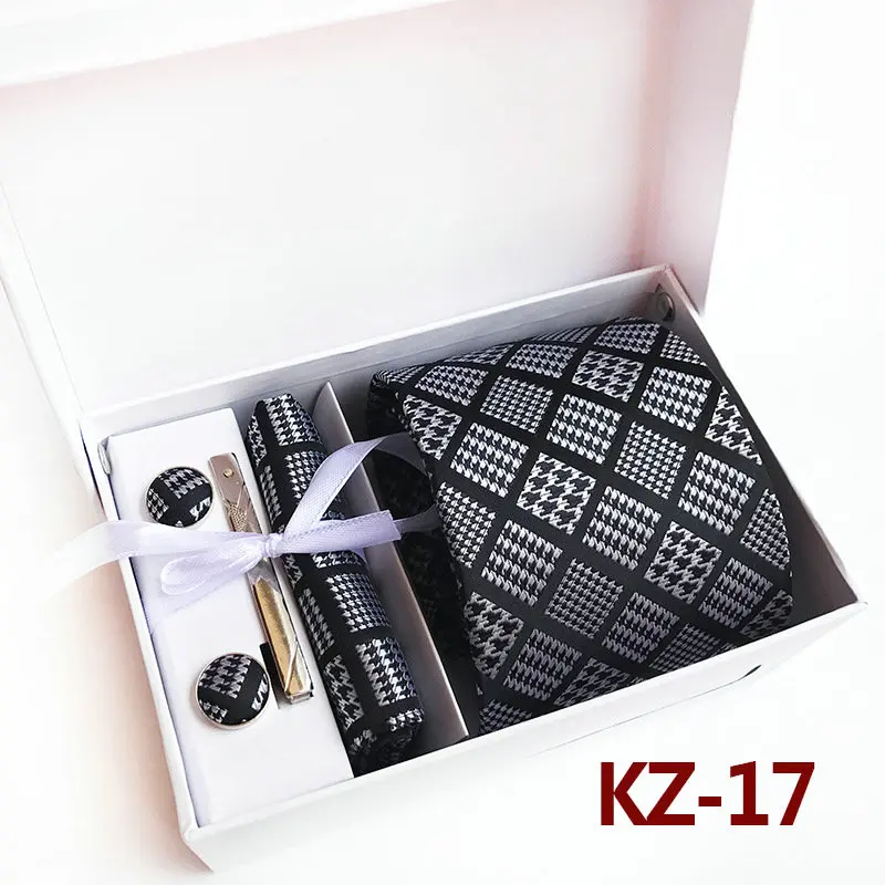 Neck tie Set Британский мужской плед Полосатый Бизнес Свадьба Вечеринка Hanky шеи Зажимы для галстука, запонки карман квадратный носовой платок широкий галстук коробка - Цвет: Neck tie Set