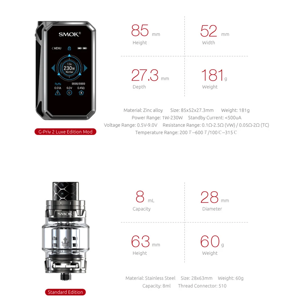 Электронная сигарета испаритель электронная вейп бокс мод 230 Вт SMOK G PRIV 2 комплект