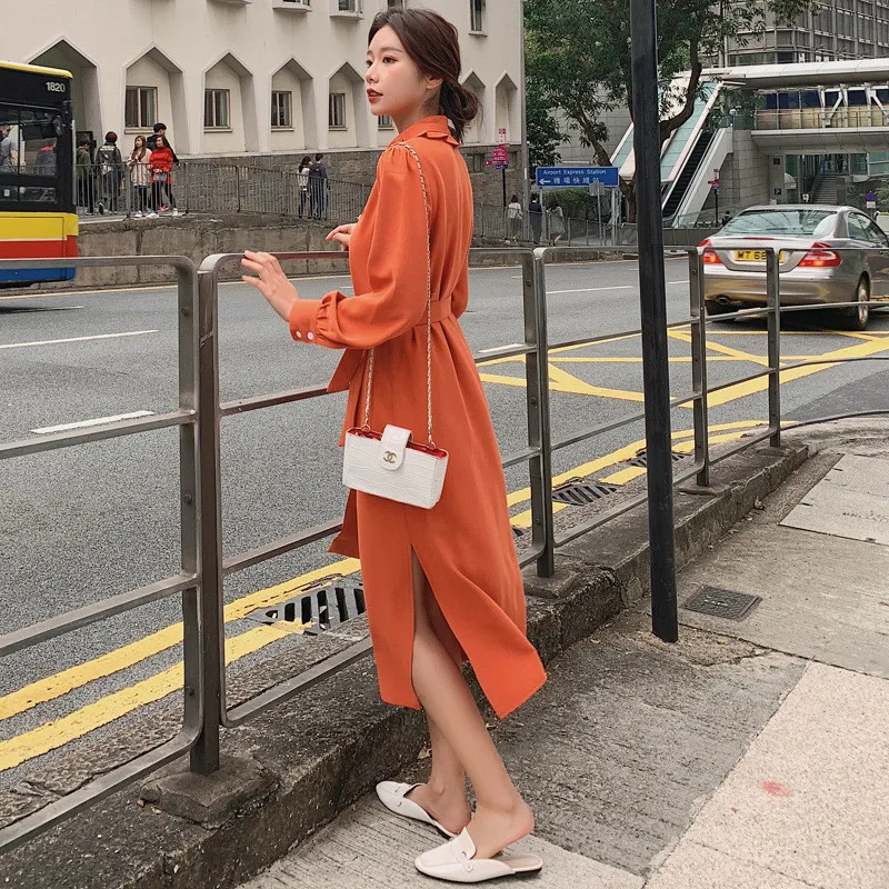 LANMREM весенняя одежда для женщин, новое корейское темпераментное двубортное шифоновое платье с поясом, шлица YG940