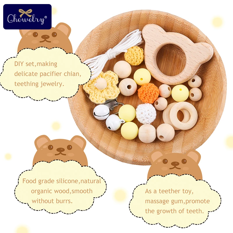 Wooden Teether Wood Beads Set DIY Baby Teething Necklace Toy Koal Wooden Rodent Pacifier chain Clip nylon Rope For Girl Boy Gift