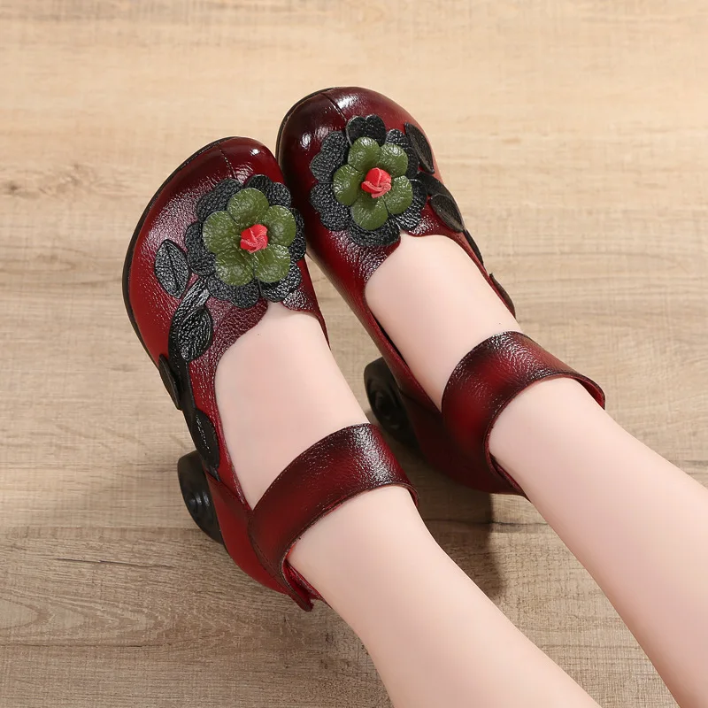 Г. Новые Осенние разноцветные цветы, обувь из натуральной кожи женская обувь на высоком каблуке Нескользящая Женская модная обувь повседневная обувь на высоком каблуке - Цвет: Красный