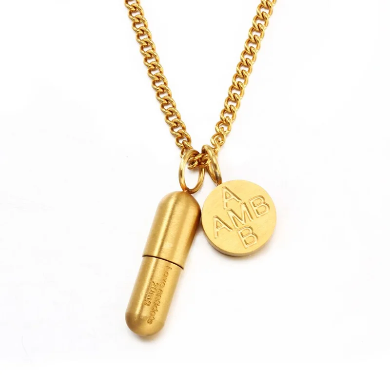 

Fashionable Golden Capsules Necklace Pendant with Stainless Steel Metallic Belt Extension Chain
